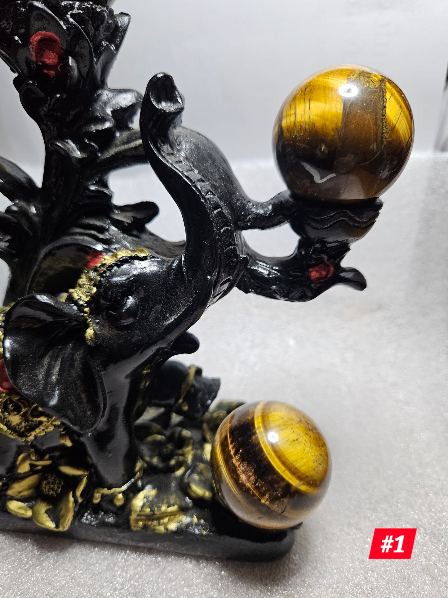 Elephant Sphere Stand W/4 Tiger's Eye Spheres