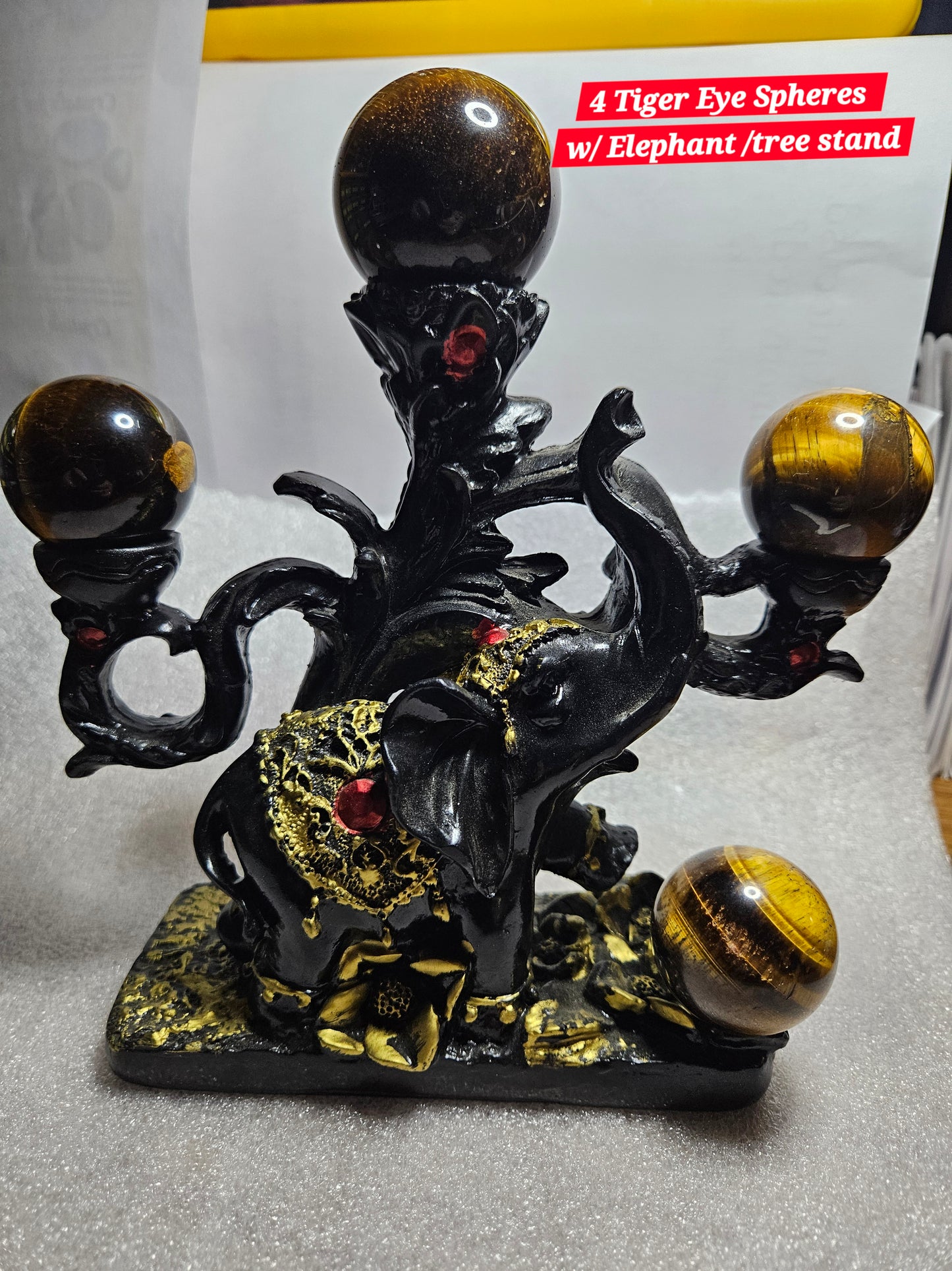 Elephant Sphere Stand W/4 Tiger's Eye Spheres