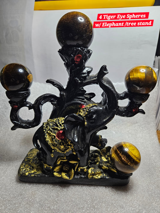 Elephant Sphere Stand W/4 Tiger's Eye Spheres
