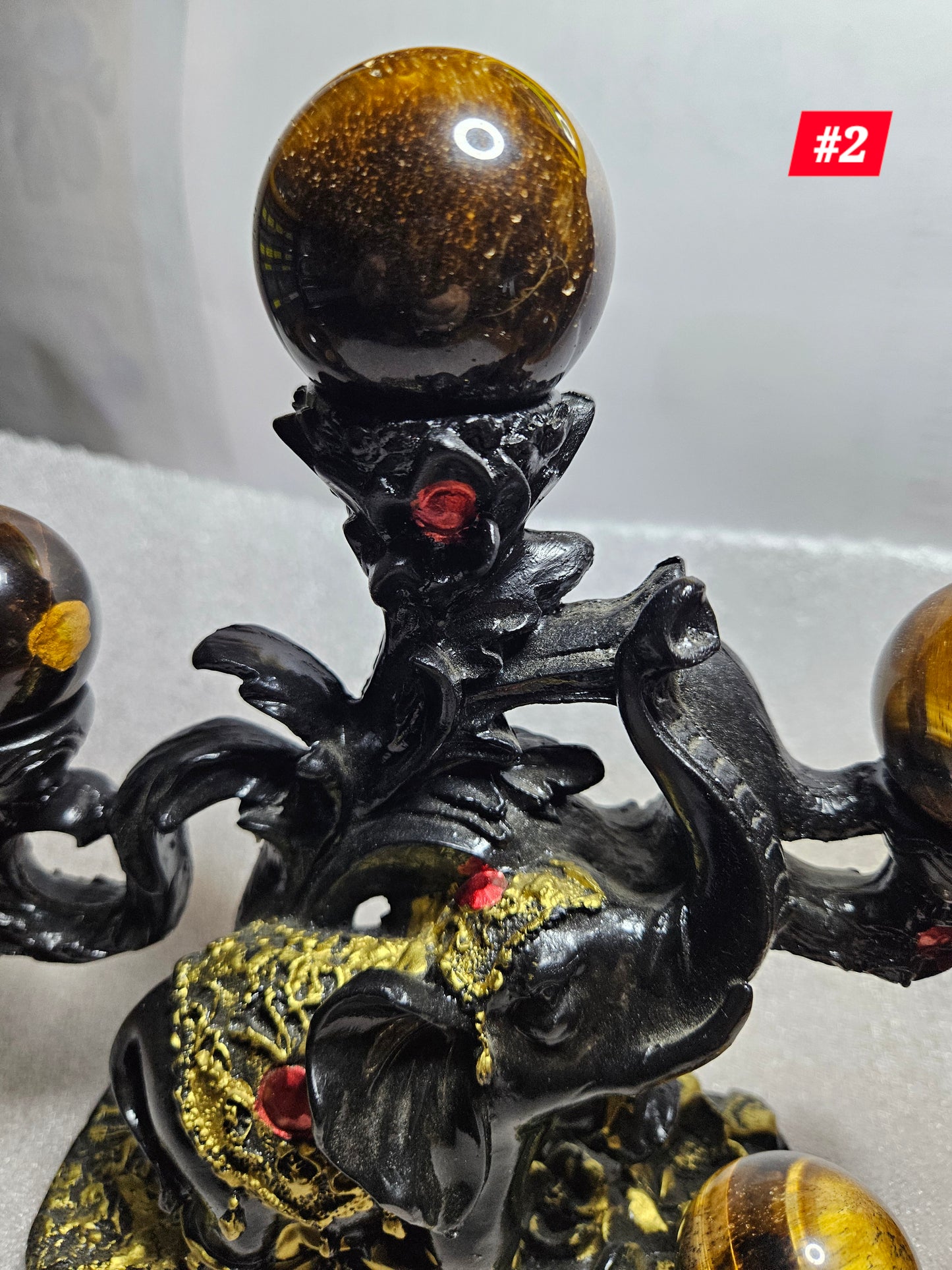 Elephant Sphere Stand W/4 Tiger's Eye Spheres