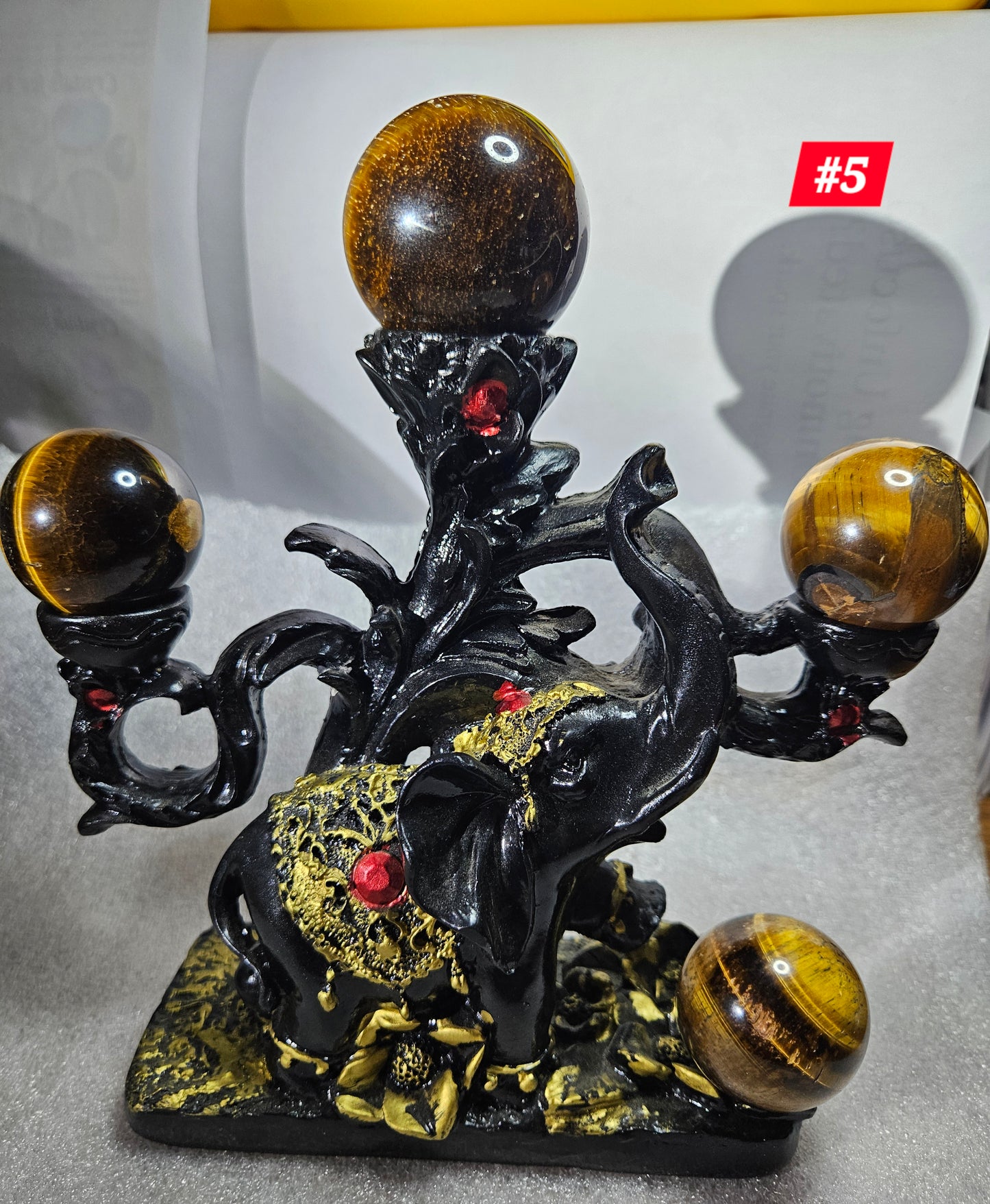 Elephant Sphere Stand W/4 Tiger's Eye Spheres