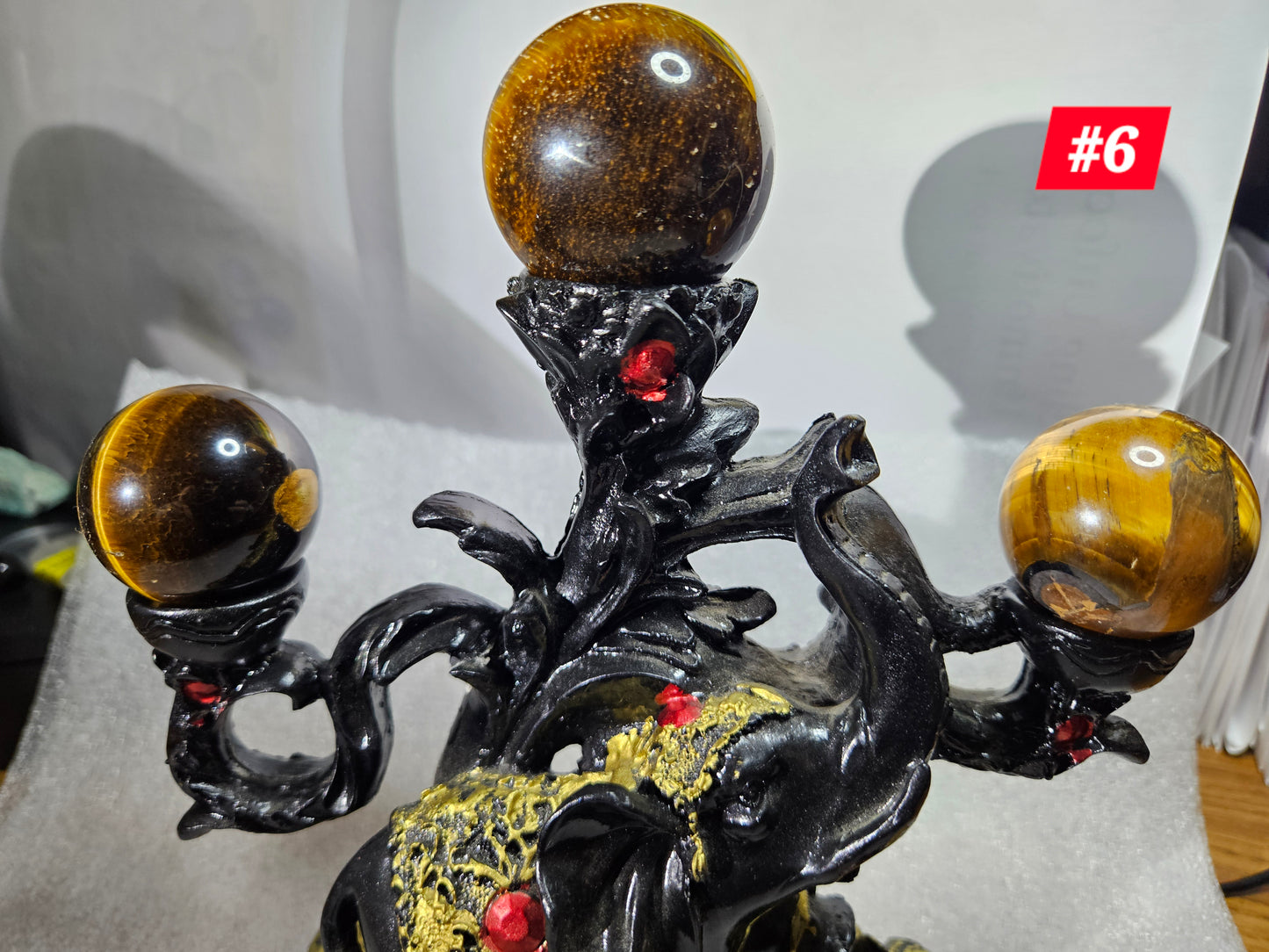 Elephant Sphere Stand W/4 Tiger's Eye Spheres